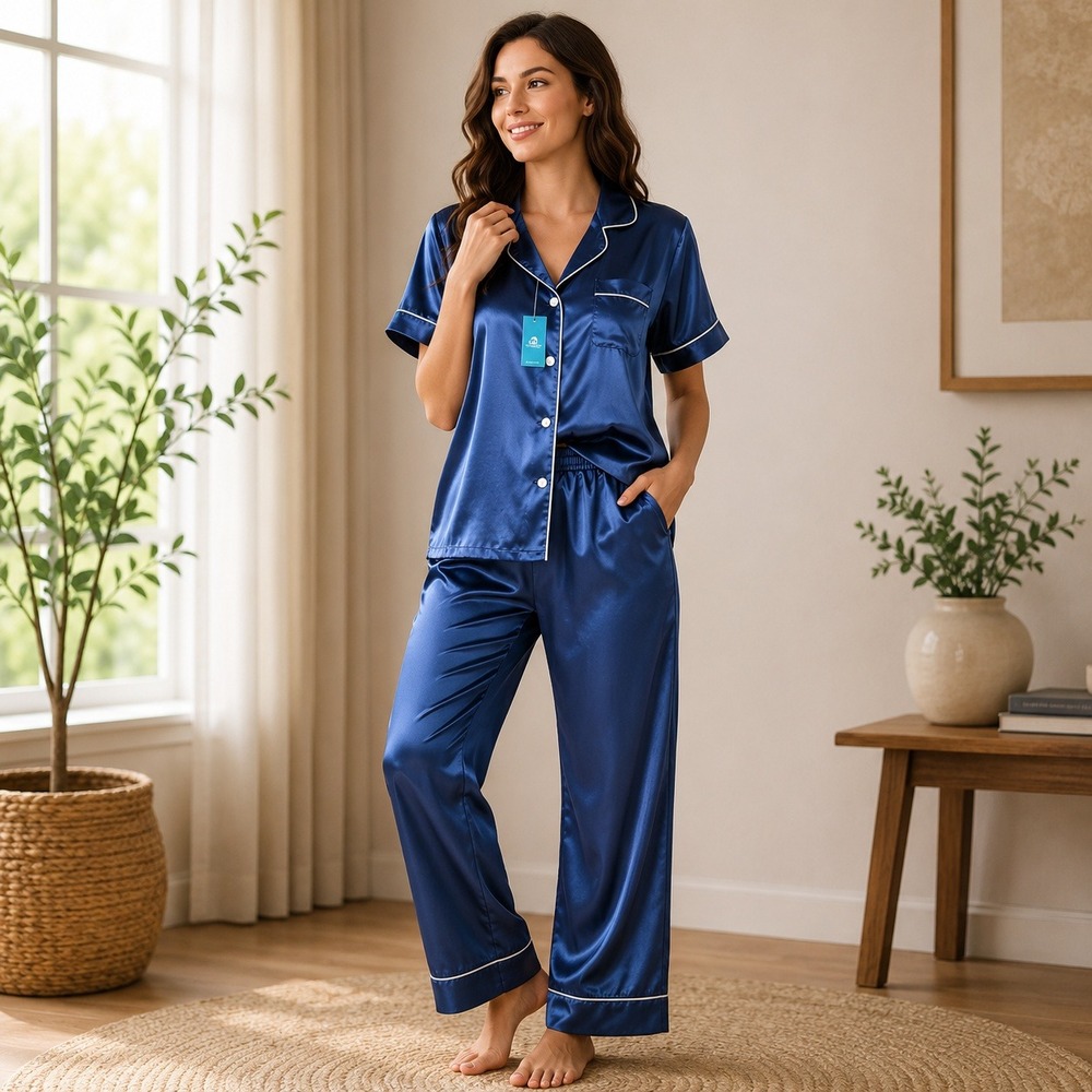 NWT Cupshe Pajama Set Women Medium Blue Satin Short‎ Sleeve CAA10A4C002TT